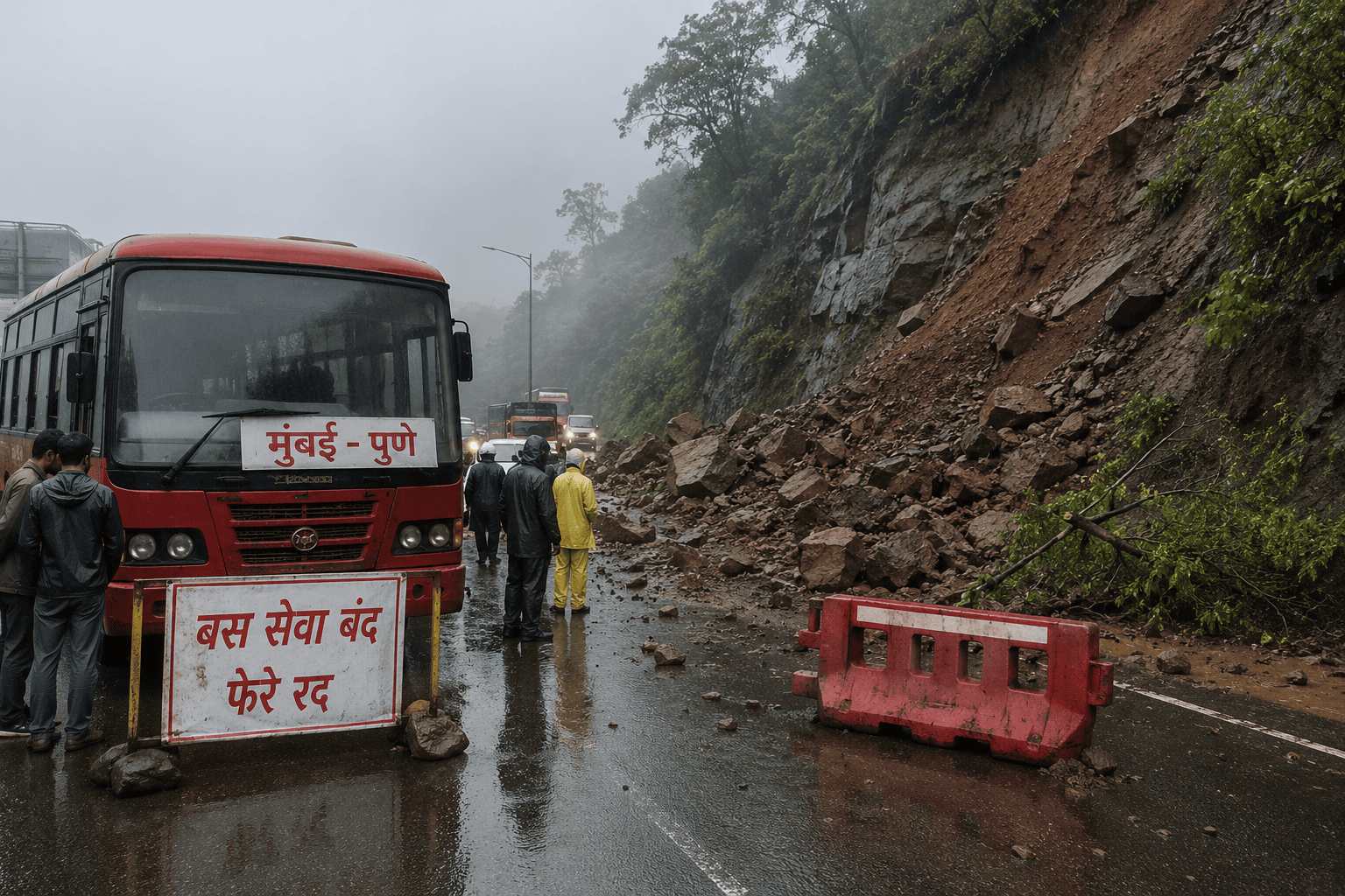 मुंबई–पुणे बस सेवा बंद, 50 फेरे रद्द; भूस्खलन से यातायात प्रभावित