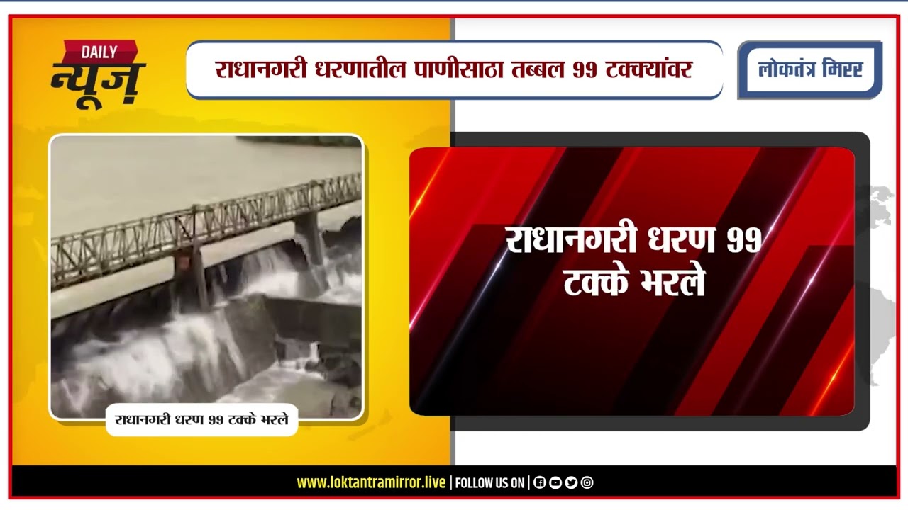 KOLHAPUR l राधानगरी धरण ९९ टक्के भरले; पाणलोटात मुसळधार पाऊस, प्रशासन सतर्क