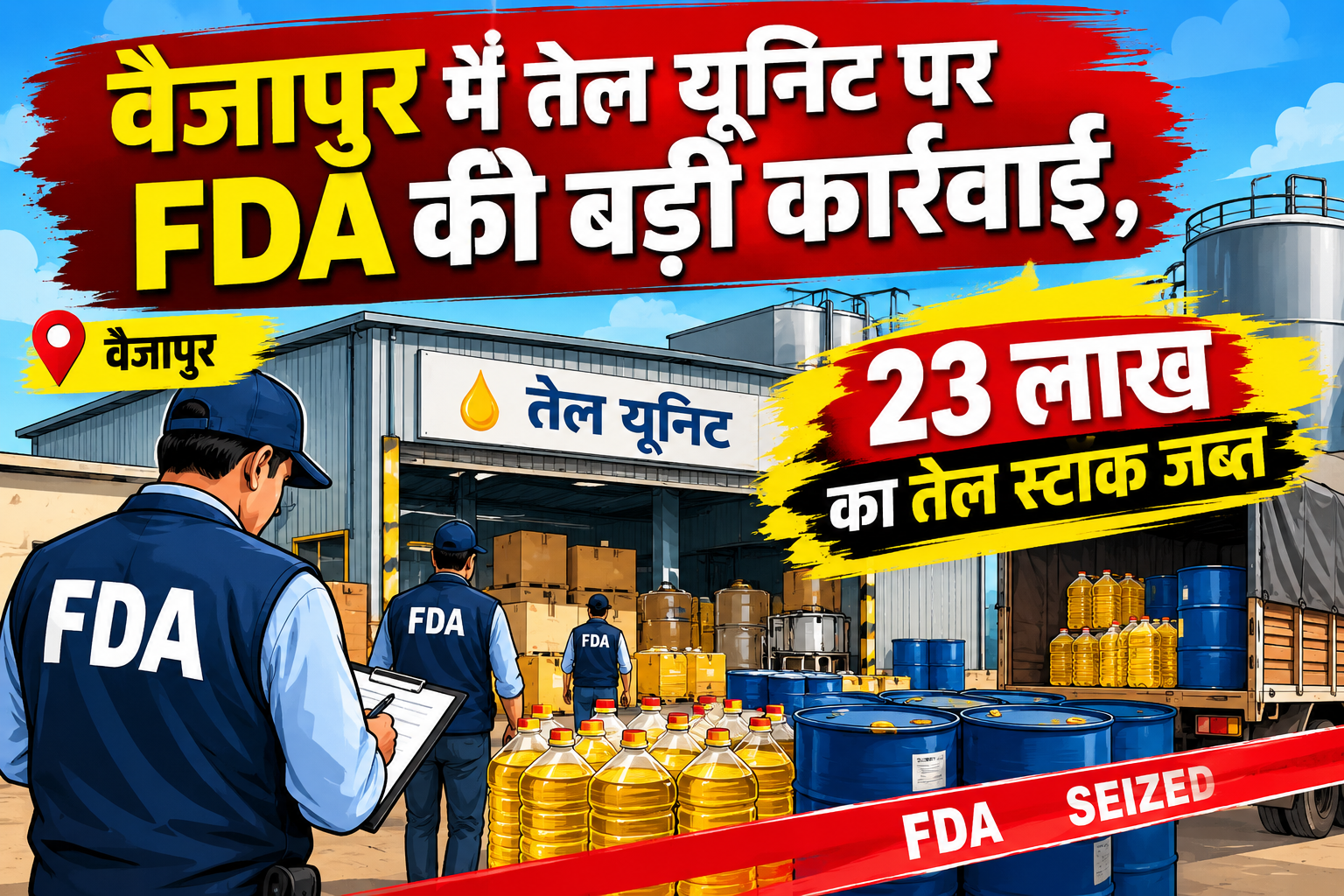 वैजापुर में तेल यूनिट पर FDA की बड़ी कार्रवाई, 23 लाख का तेल स्टॉक जब्त